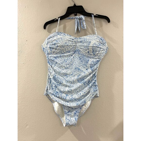 J McLAUGHLIN Swimming suit Blue watercolor Paisley Koa One-Piece size 8 - Picture 1 of 5